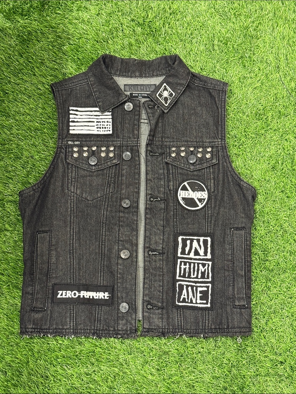 Kill City Black Denim Patchwork Vest with Stud and Patch Details